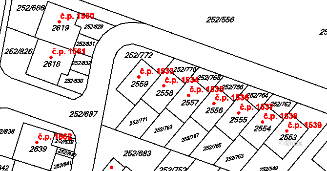 Rosice 1534 na parcele st. 2558 v KÚ Rosice u Brna, Katastrální mapa