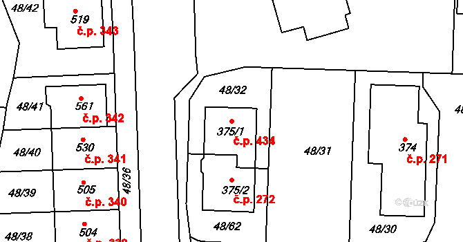 Týn 434, Třebíč na parcele st. 375/1 v KÚ Týn u Třebíče, Katastrální mapa