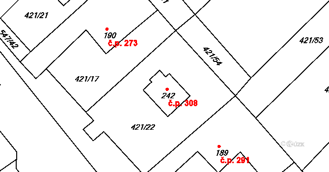 Lubina 308, Kopřivnice na parcele st. 242 v KÚ Drnholec nad Lubinou, Katastrální mapa