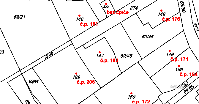Dolní Radechová 163 na parcele st. 147 v KÚ Dolní Radechová, Katastrální mapa