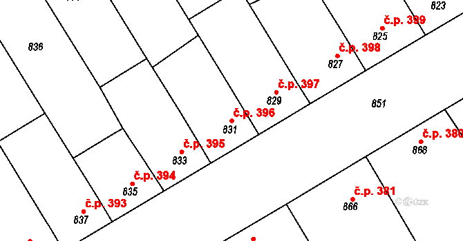 Hrušky 396 na parcele st. 831 v KÚ Hrušky, Katastrální mapa
