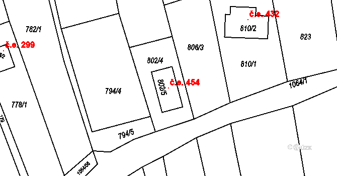 Popůvky 454 na parcele st. 802/5 v KÚ Popůvky u Brna, Katastrální mapa