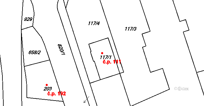 Mokřiny 111, Aš na parcele st. 117/1 v KÚ Mokřiny, Katastrální mapa