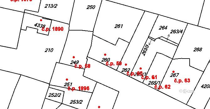 Čelákovice 59 na parcele st. 260 v KÚ Čelákovice, Katastrální mapa