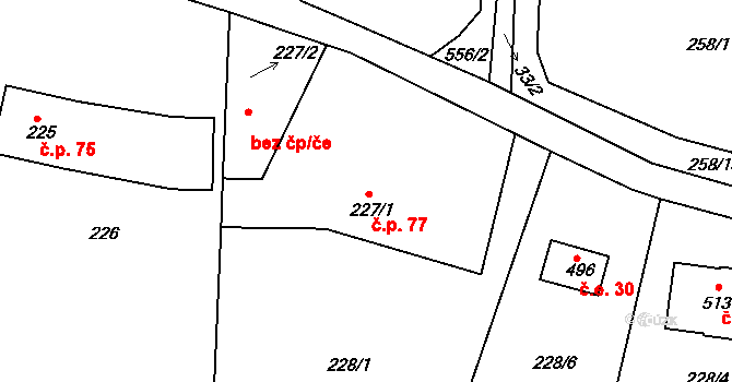 Všenice 77 na parcele st. 227/1 v KÚ Všenice, Katastrální mapa