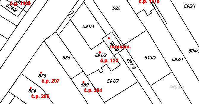 Rousínov 120 na parcele st. 591/2 v KÚ Rousínov u Vyškova, Katastrální mapa