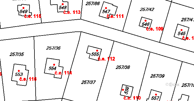 Zlenice 112, Lštění na parcele st. 555 v KÚ Lštění, Katastrální mapa