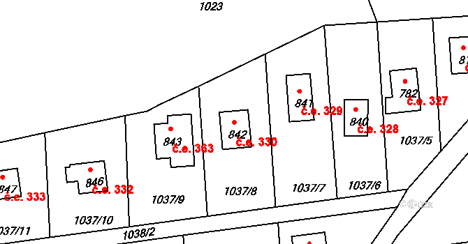Borová Lhota 330, Pyšely na parcele st. 842 v KÚ Pyšely, Katastrální mapa