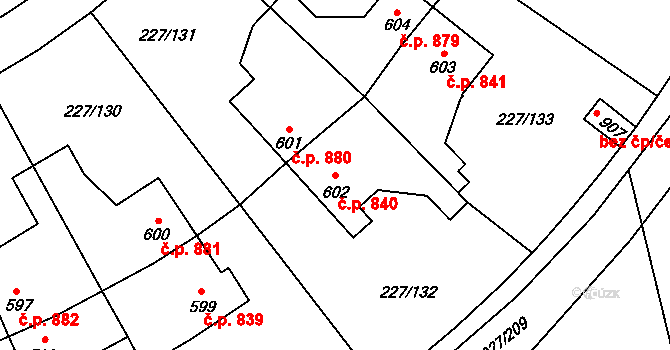 Švermov 840, Kladno na parcele st. 602 v KÚ Hnidousy, Katastrální mapa