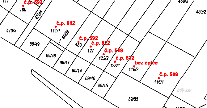 Chvalčov 519 na parcele st. 123/2 v KÚ Chvalčova Lhota, Katastrální mapa