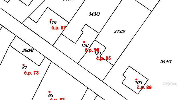 Měrotín 95 na parcele st. 121 v KÚ Měrotín, Katastrální mapa