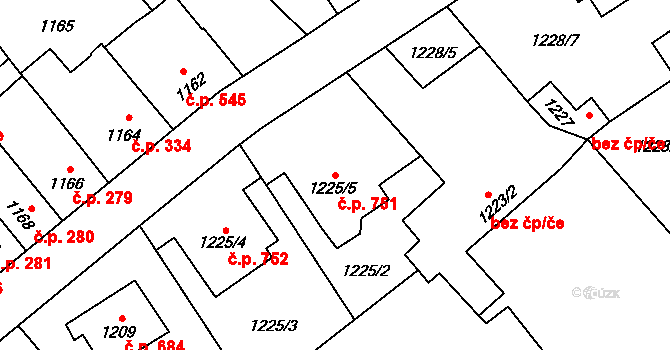 Velká Bystřice 751 na parcele st. 1225/5 v KÚ Velká Bystřice, Katastrální mapa