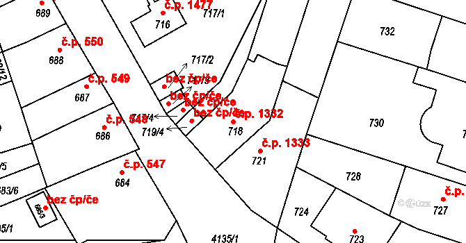 Roudnice nad Labem 1332 na parcele st. 718 v KÚ Roudnice nad Labem, Katastrální mapa
