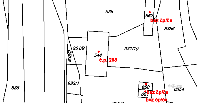 Třebařov 258 na parcele st. 544 v KÚ Třebařov, Katastrální mapa