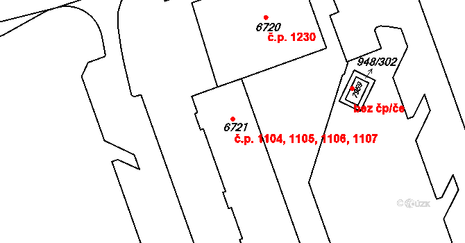 Horka-Domky 1104,1105,1106,1107, Třebíč na parcele st. 6721 v KÚ Třebíč, Katastrální mapa