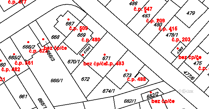 Komín 493, Brno na parcele st. 671 v KÚ Komín, Katastrální mapa