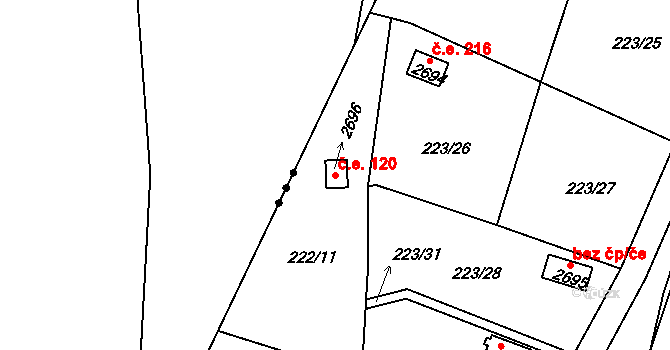 Sezimovo Ústí 120 na parcele st. 2696 v KÚ Sezimovo Ústí, Katastrální mapa