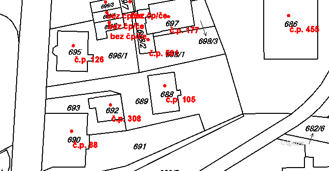 Liberec XI-Růžodol I 105, Liberec na parcele st. 688 v KÚ Růžodol I, Katastrální mapa