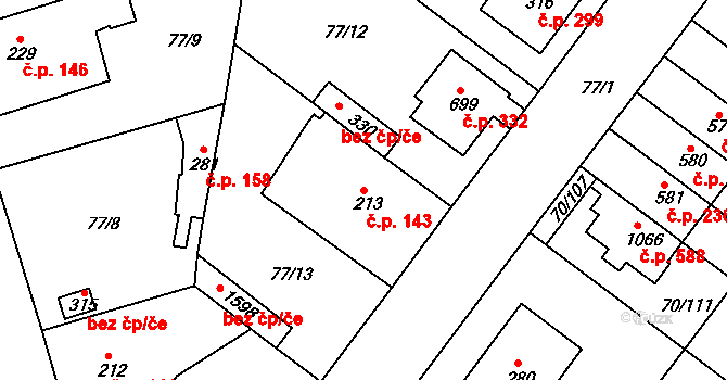Třebeš 143, Hradec Králové na parcele st. 213 v KÚ Třebeš, Katastrální mapa