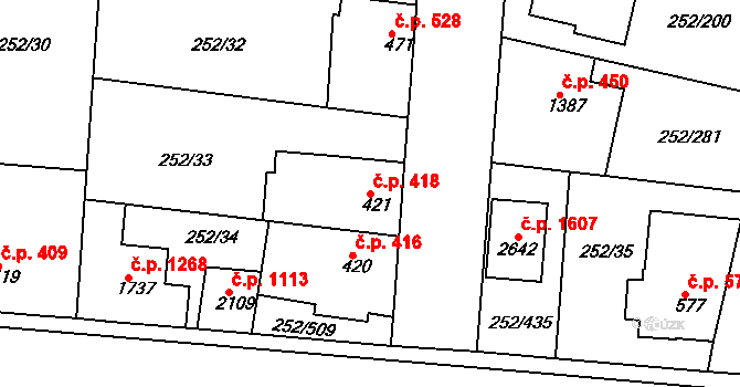 Rosice 418 na parcele st. 421 v KÚ Rosice u Brna, Katastrální mapa