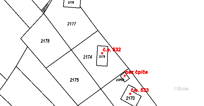 Ochoz u Brna 532 na parcele st. 2173 v KÚ Ochoz u Brna, Katastrální mapa