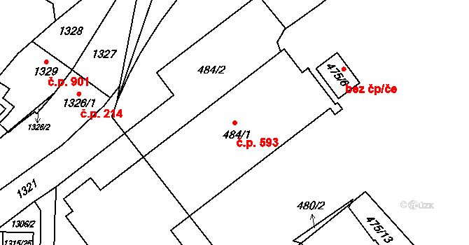 Ráj 593, Karviná na parcele st. 484/1 v KÚ Ráj, Katastrální mapa