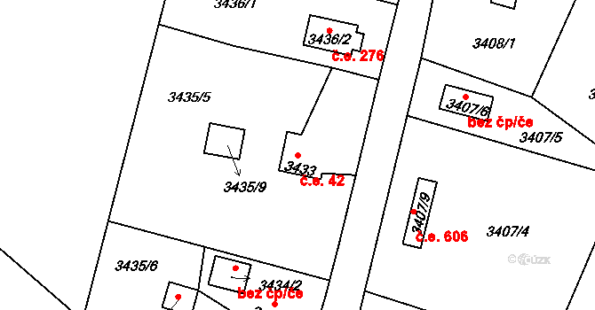 Rumburk 1 42, Rumburk na parcele st. 3433 v KÚ Rumburk, Katastrální mapa