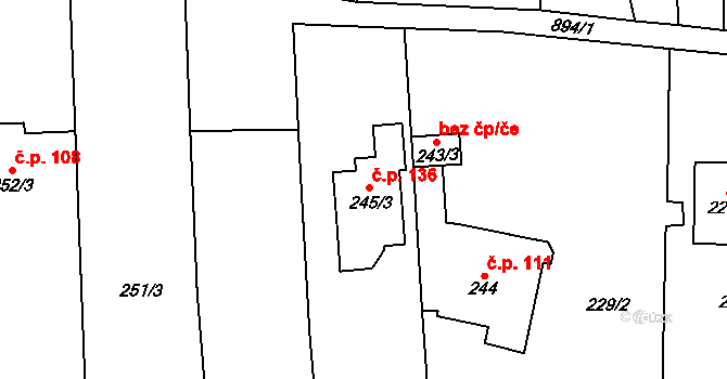 Bílovice 136, Bílovice-Lutotín na parcele st. 245/3 v KÚ Bílovice, Katastrální mapa