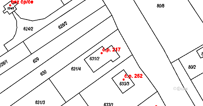 Zbýšov 217 na parcele st. 631/2 v KÚ Zbýšov, Katastrální mapa