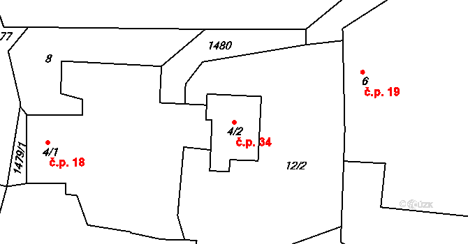 Zderadice 34, Maršovice na parcele st. 4/2 v KÚ Zderadice, Katastrální mapa