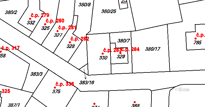 Plesná 283 na parcele st. 330 v KÚ Plesná, Katastrální mapa