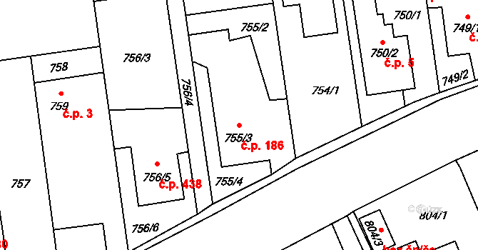 Píšť 186 na parcele st. 755/3 v KÚ Píšť, Katastrální mapa