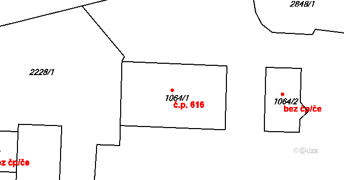 Toužim 616 na parcele st. 1064/1 v KÚ Toužim, Katastrální mapa