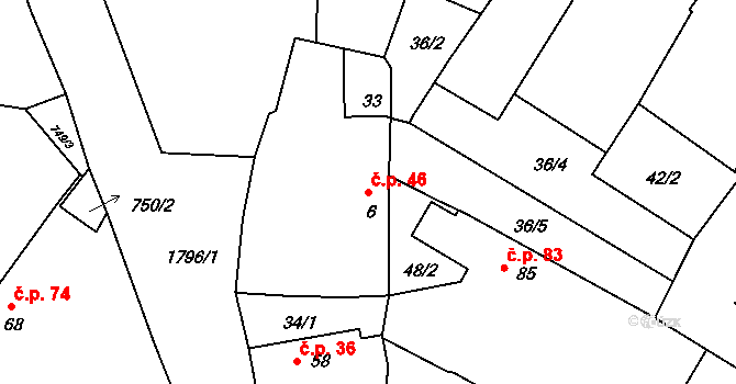 Borkovice 46 na parcele st. 6 v KÚ Borkovice, Katastrální mapa