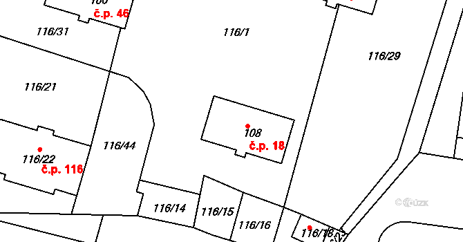 Poběžovice 18 na parcele st. 108 v KÚ Poběžovice u Domažlic, Katastrální mapa