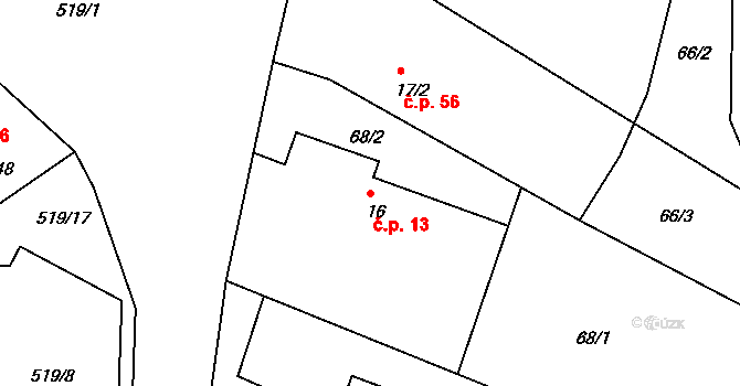 Přelovice 13 na parcele st. 16 v KÚ Přelovice, Katastrální mapa