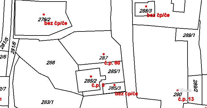 Vejprnice 60 na parcele st. 287 v KÚ Vejprnice, Katastrální mapa