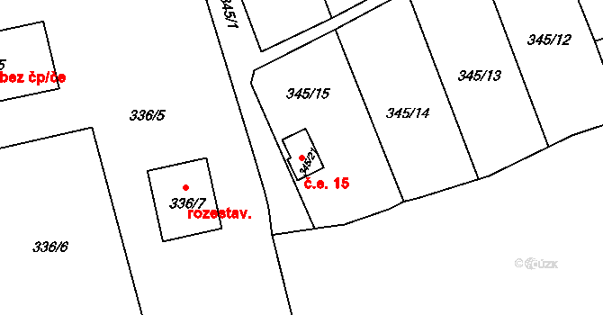 Drahlov 15, Charváty na parcele st. 345/21 v KÚ Charváty, Katastrální mapa