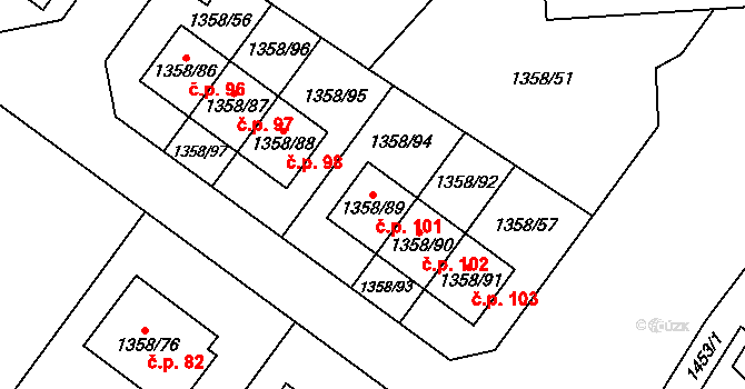 Těšovice 101 na parcele st. 1358/89 v KÚ Těšovice, Katastrální mapa