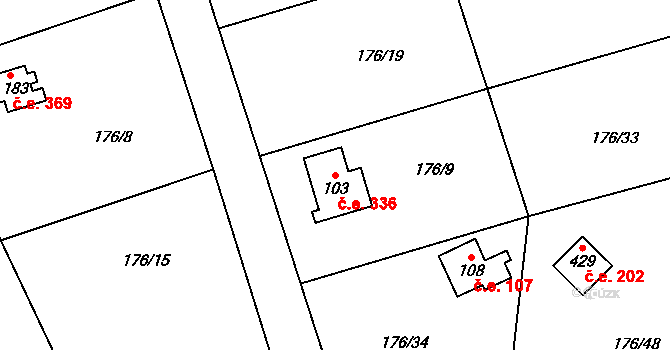 Hostěradice 336, Kamenný Přívoz na parcele st. 103 v KÚ Hostěradice, Katastrální mapa