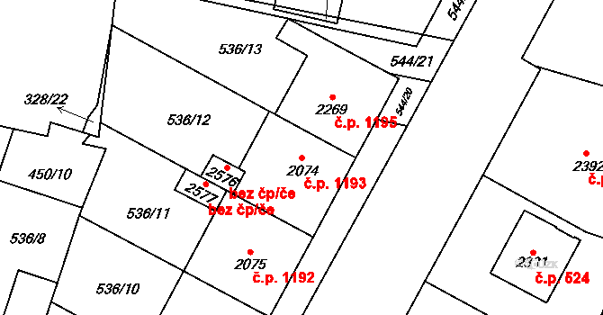 Kyjov 1193 na parcele st. 2074 v KÚ Kyjov, Katastrální mapa