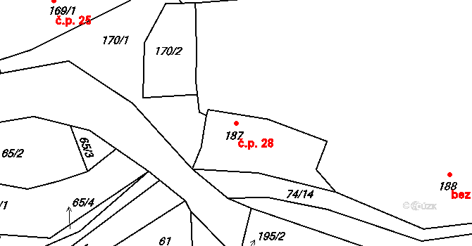 Hřebeč 28 na parcele st. 187 v KÚ Hřebeč, Katastrální mapa