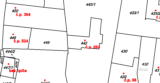 Kosmonosy 597 na parcele st. 442 v KÚ Kosmonosy, Katastrální mapa