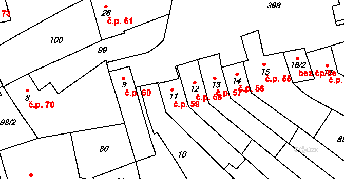 Kožušany 59, Kožušany-Tážaly na parcele st. 11 v KÚ Kožušany, Katastrální mapa