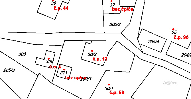 Bítouchov 13, Semily na parcele st. 36/2 v KÚ Bítouchov u Semil, Katastrální mapa
