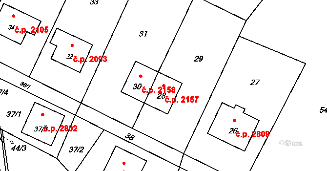 Rožnov pod Radhoštěm 2157 na parcele st. 28 v KÚ Hážovice, Katastrální mapa