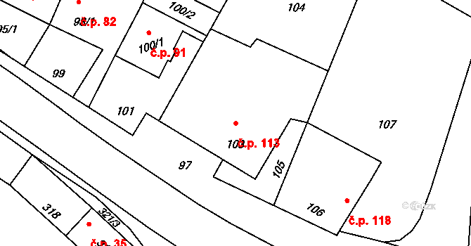 Šebrov 113, Šebrov-Kateřina na parcele st. 103 v KÚ Šebrov, Katastrální mapa