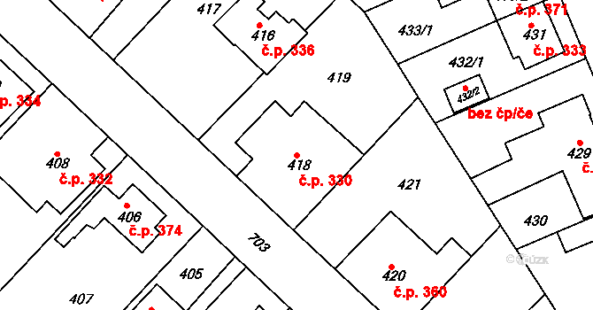 Svatava 330 na parcele st. 418 v KÚ Svatava, Katastrální mapa
