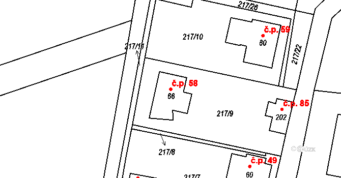 Lazsko 58 na parcele st. 66 v KÚ Lazsko, Katastrální mapa