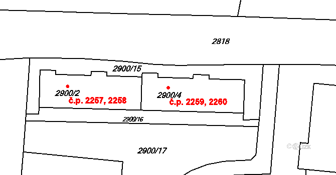 Česká Lípa 2259,2260 na parcele st. 2900/4 v KÚ Česká Lípa, Katastrální mapa